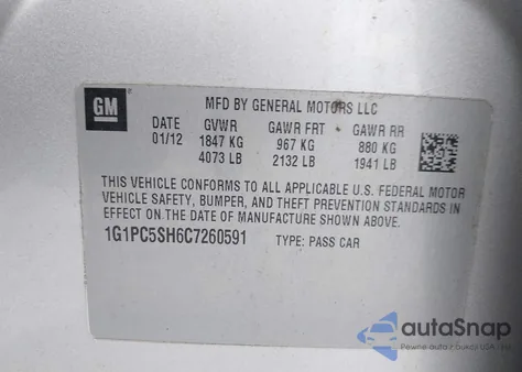 2012 Chevrolet Cruze Ls z USA, uszkodzony, nr VIN 1G1PC5SH6C7260591